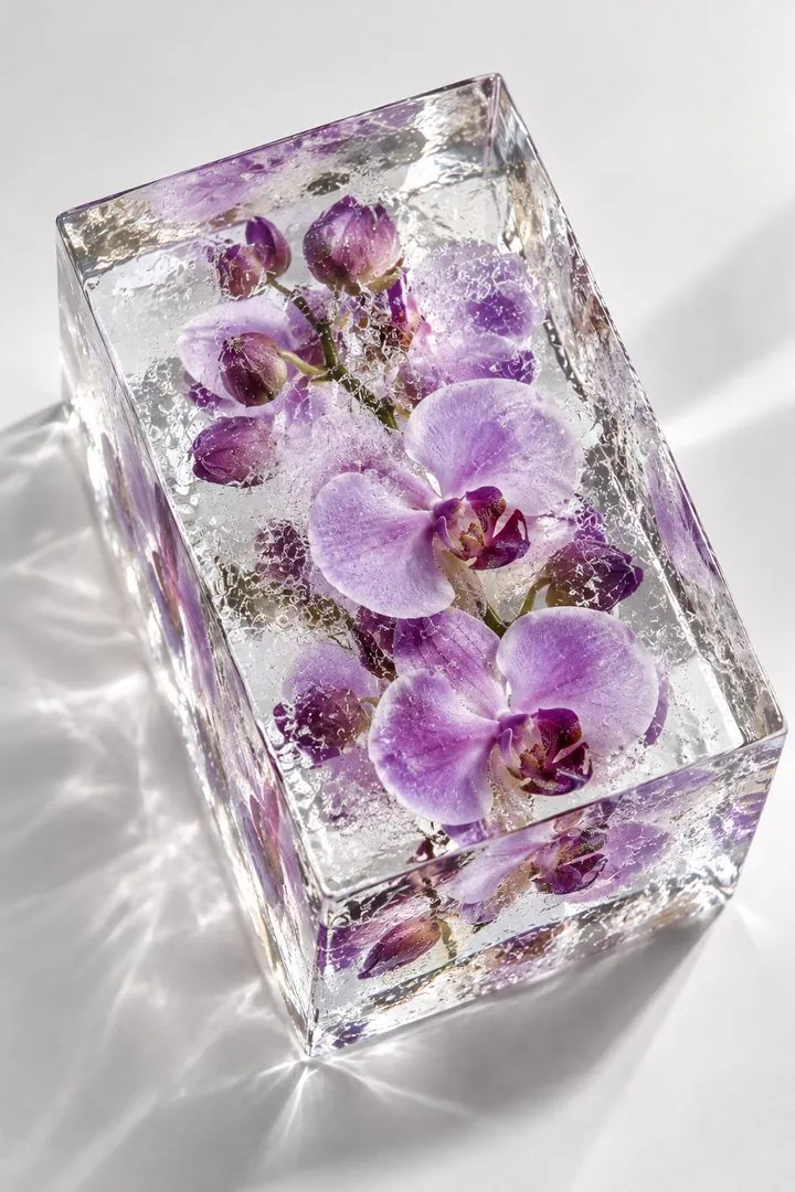 Blok lodu z orchideami