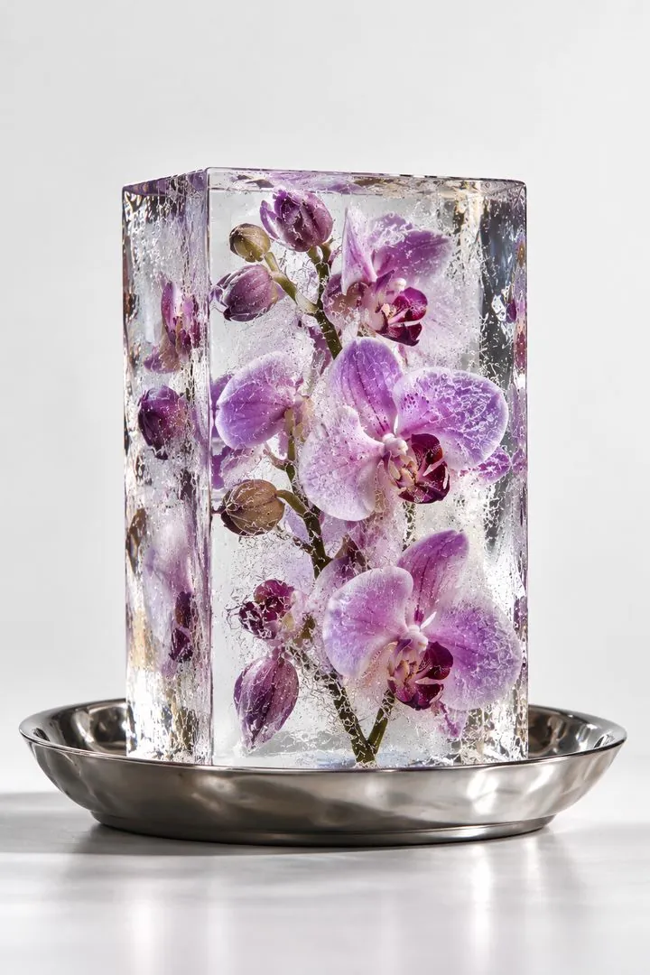 Rzeźba lodowa z orchideami na tacy